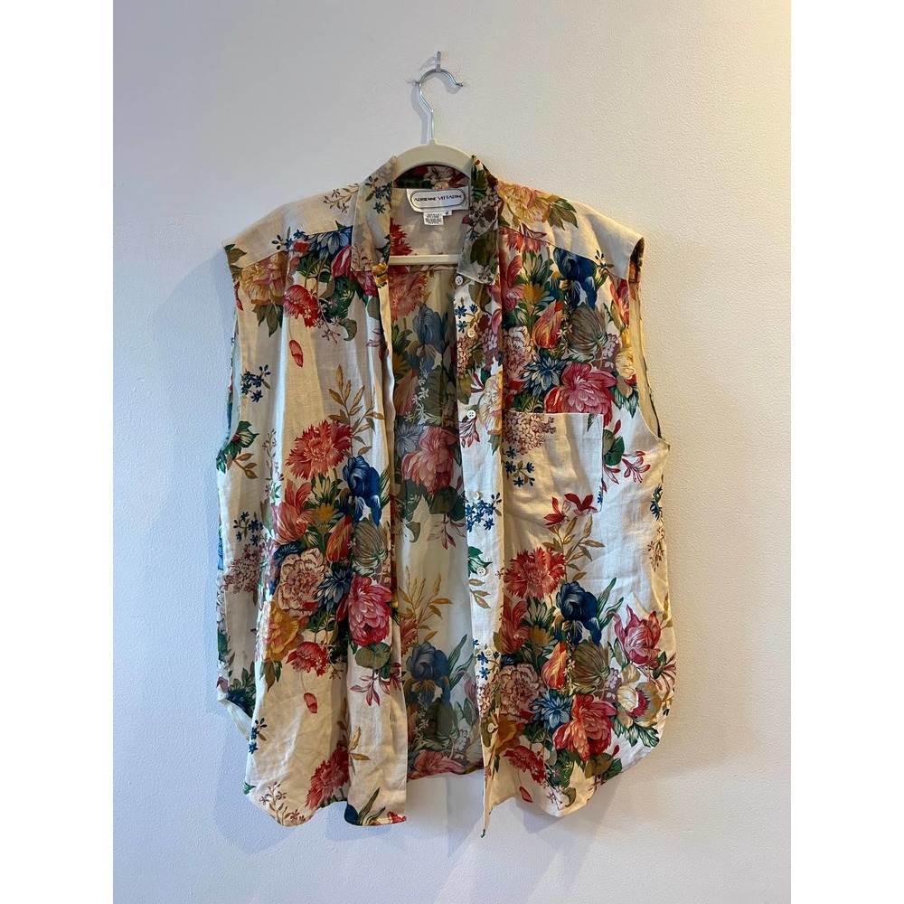 vintage adrienne vittadini sleeveless button up floral linen & silk blouse